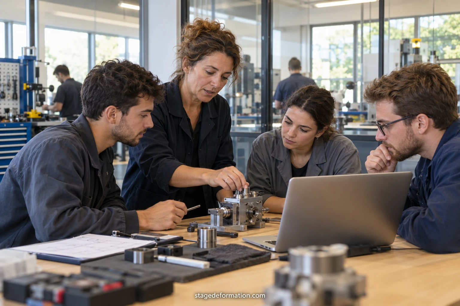 Jeunes souriants découvrant un atelier et échangeant avec un professionnel en visite