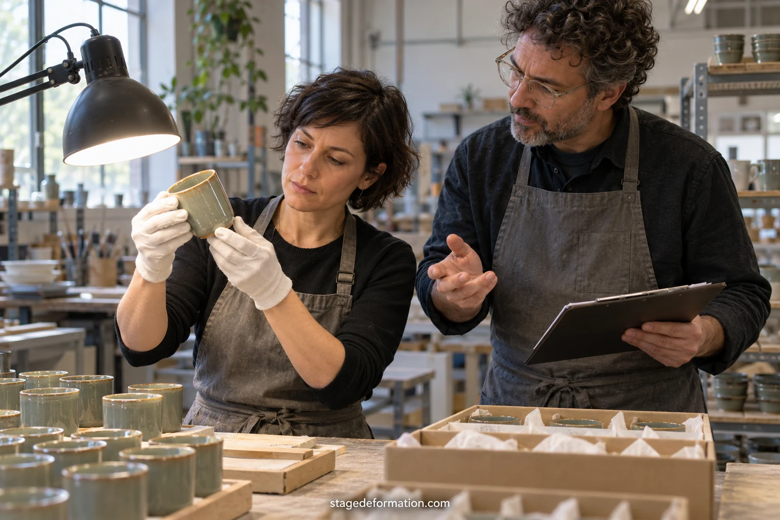 Salarié manipulant un équipement en atelier pendant qu’un formateur observe et prend des notes