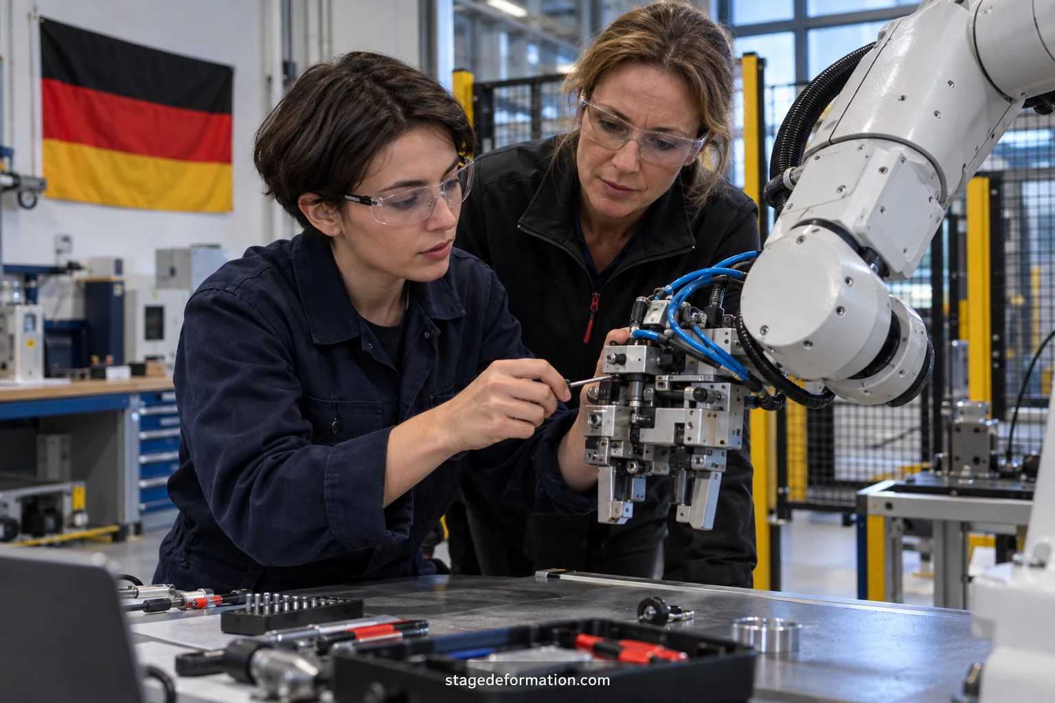 Ingenieure und ein Praktikant stellen in einem deutschen Industrielabor mit Messgeräten einen mechanischen Prüfstand ein
