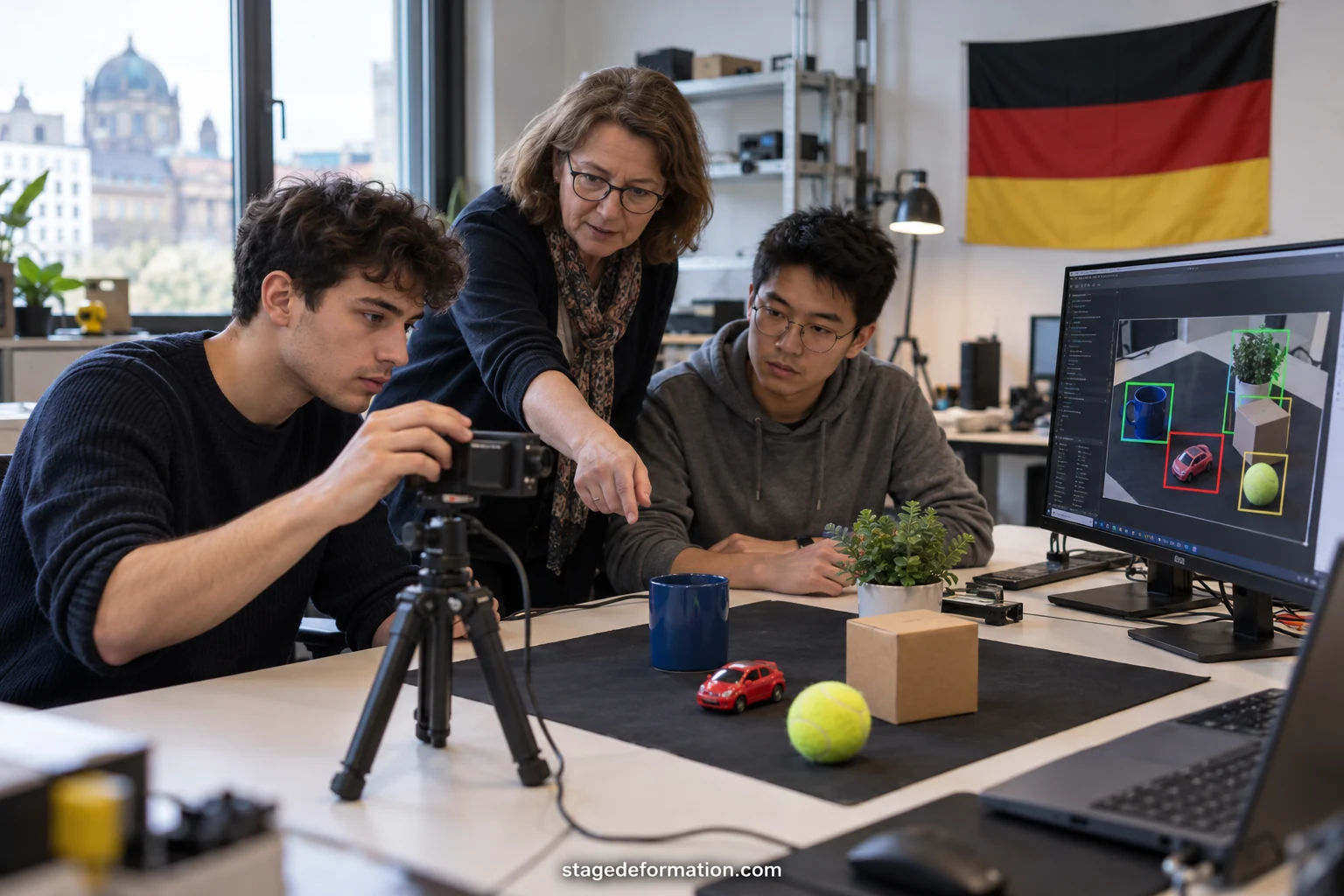 Deux jeunes ingénieurs discutant des résultats d’un modèle d’apprentissage automatique affichés sur un grand écran de laboratoire