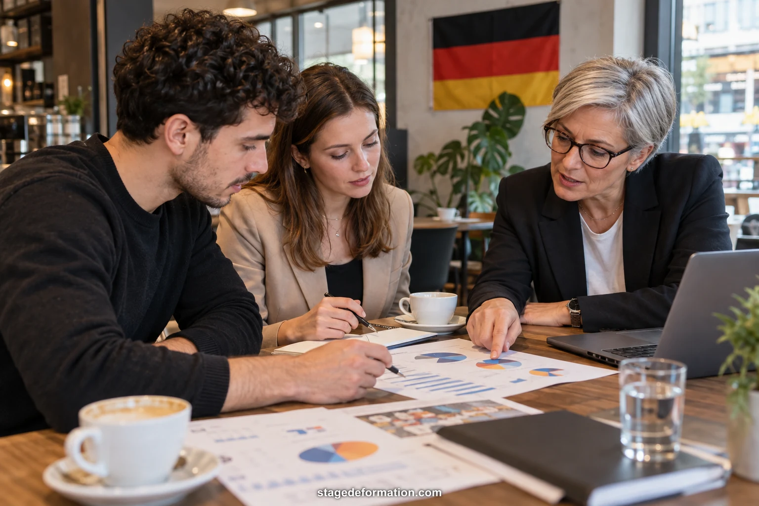Étudiants autour d'une table de travail analysant des graphiques de campagne marketing dans un bureau allemand lumineux
