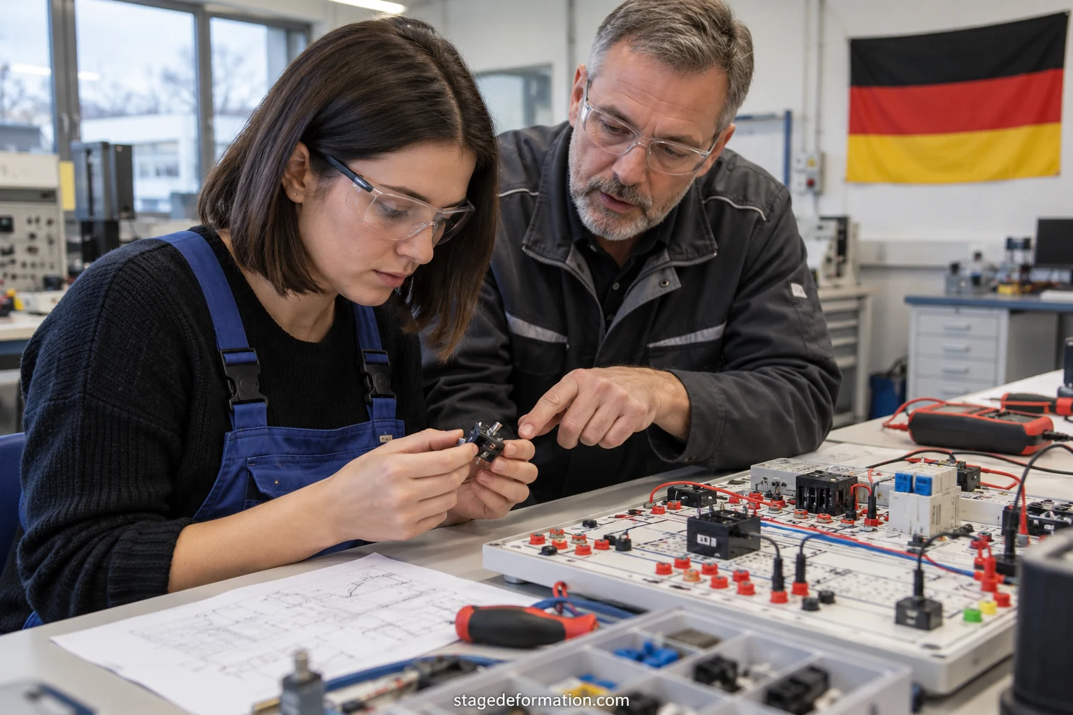 Étudiante française et tuteur allemand échangeant devant un ordinateur dans les locaux lumineux d’une entreprise