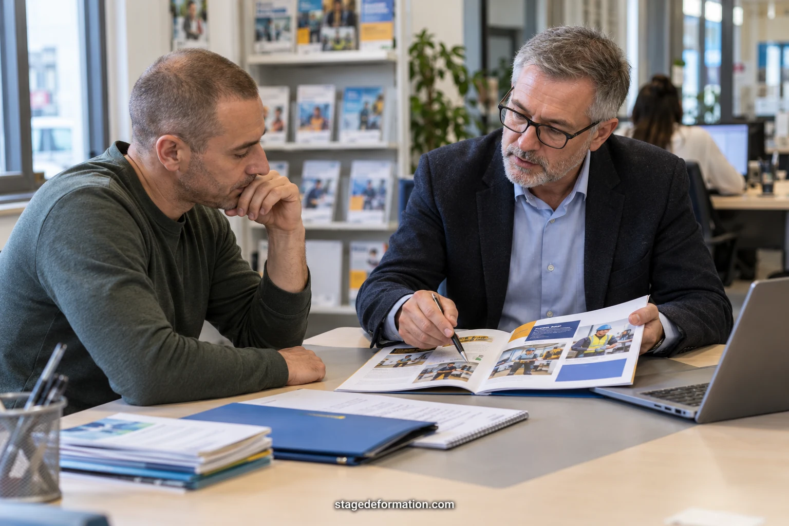 Erwachsener in der beruflichen Neuorientierung macht sich in einem Schulungsraum Notizen, vor ihm ein aufgeklappter Laptop