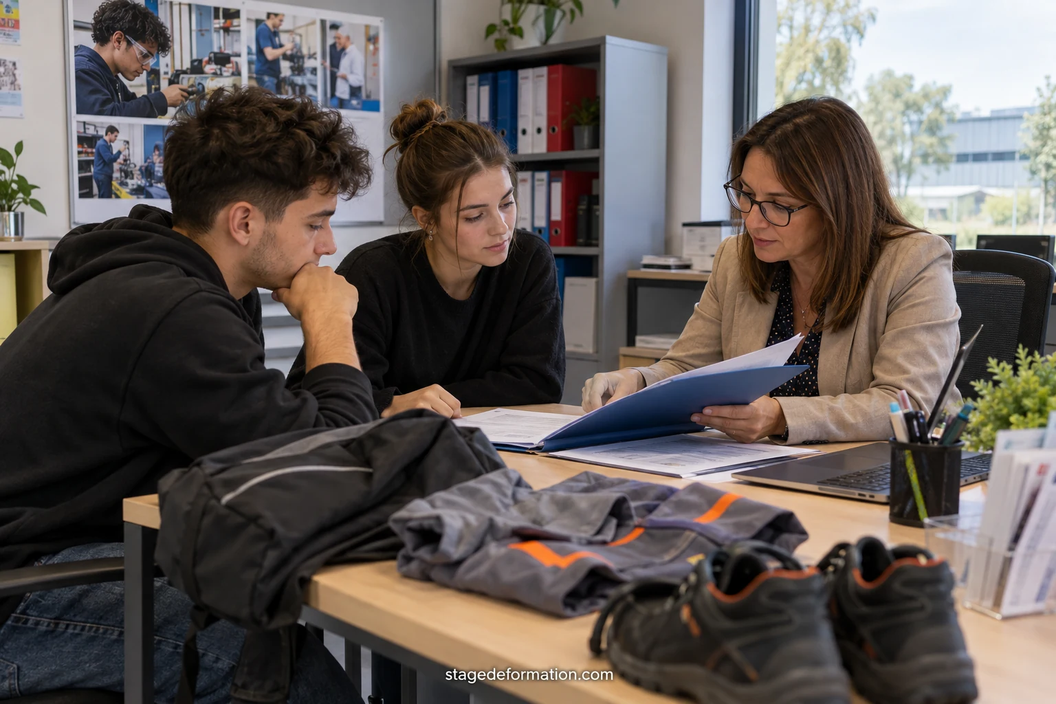 Vocational pupil in work clothes in a workshop with a workplace tutor during a training period in a company