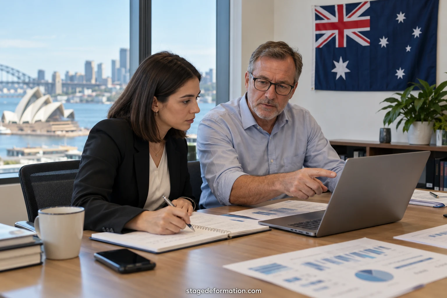 Étudiants en finance travaillant sur des graphiques de marché dans un bureau lumineux du centre d’une ville australienne