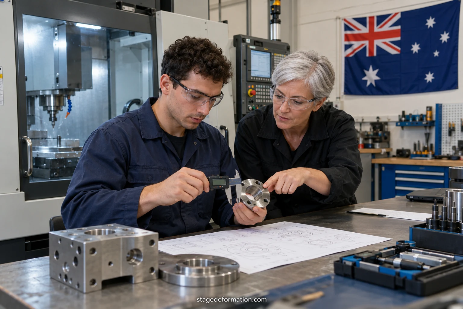 Engineering students inspecting technical equipment in an Australian laboratory or workshop