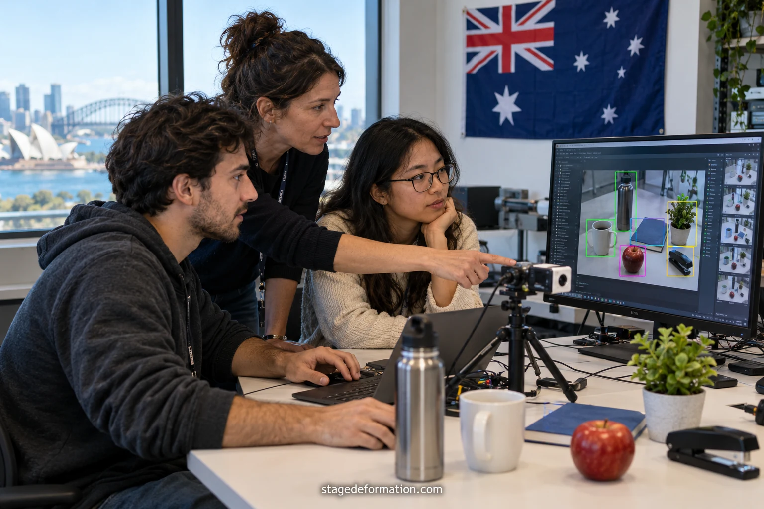 Étudiants autour d’un écran affichant des courbes d’apprentissage d’un modèle dans un laboratoire informatique universitaire