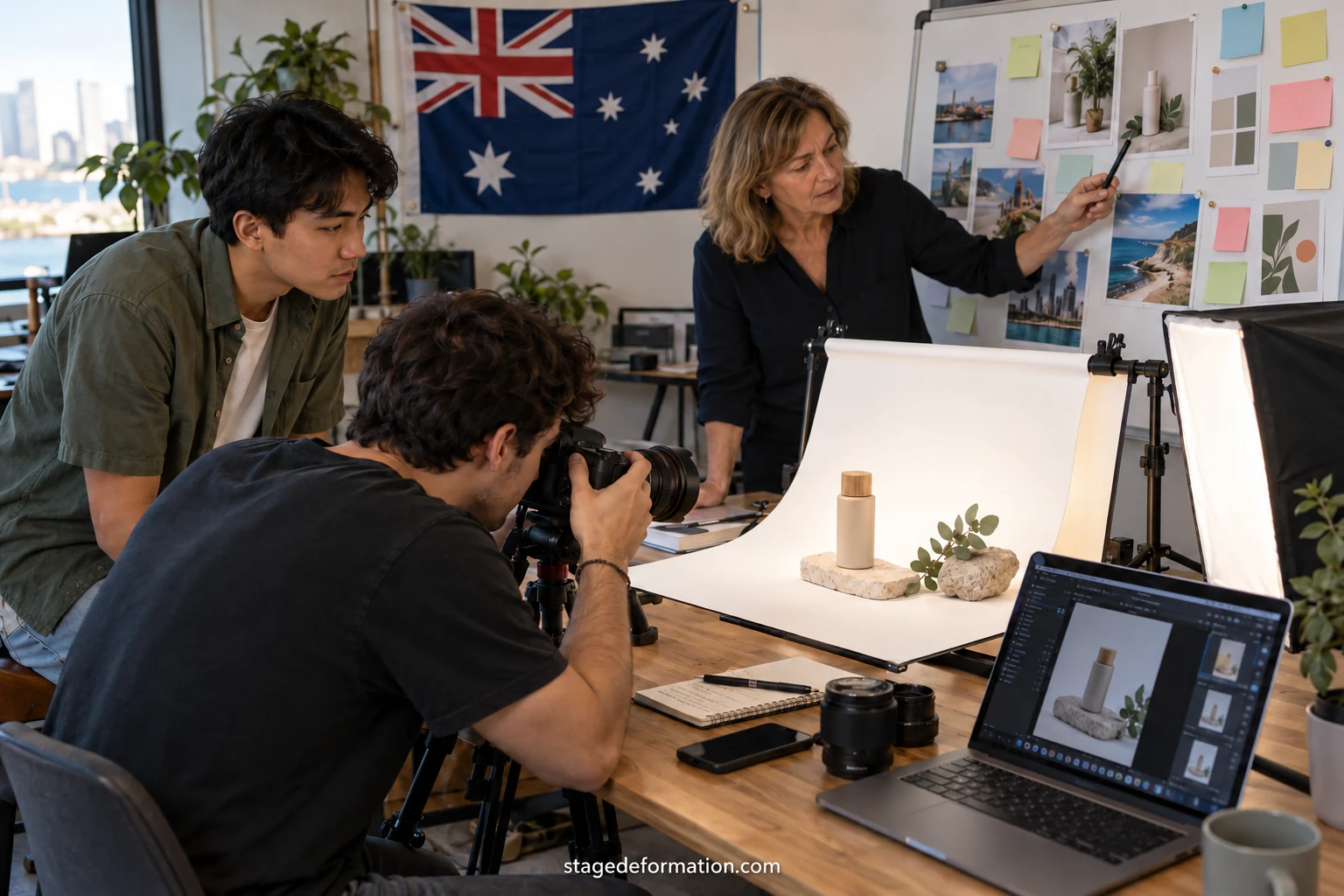 Équipe marketing réunie autour d’une table avec calendrier éditorial, maquettes et ordinateurs portables dans une agence australienne