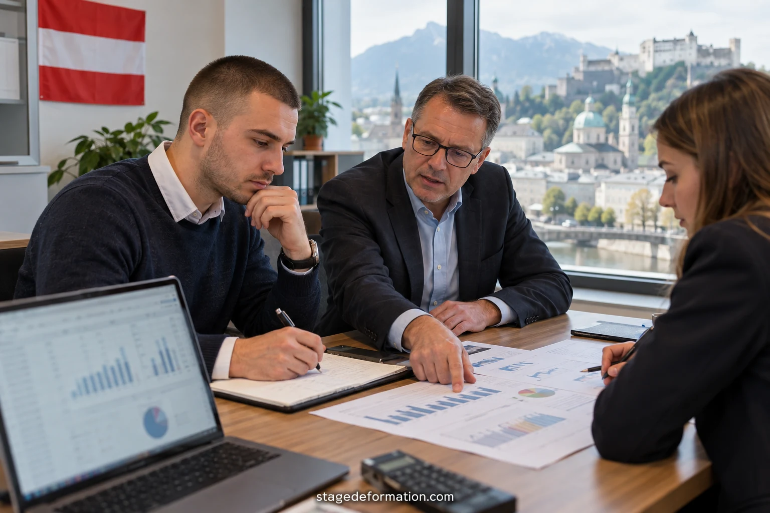 Moderne Büros von Finanzinstituten in Wien mit jungen Menschen in Business-Kleidung
