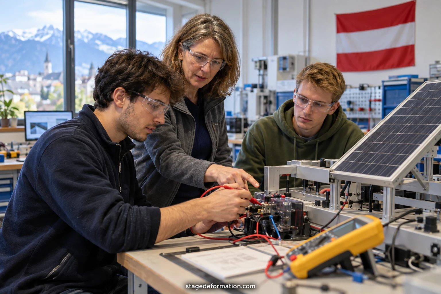 Techniker und Praktikant stellen einen elektronischen Prüfstand in einer Ingenieurwerkstatt mit Messgeräten ein