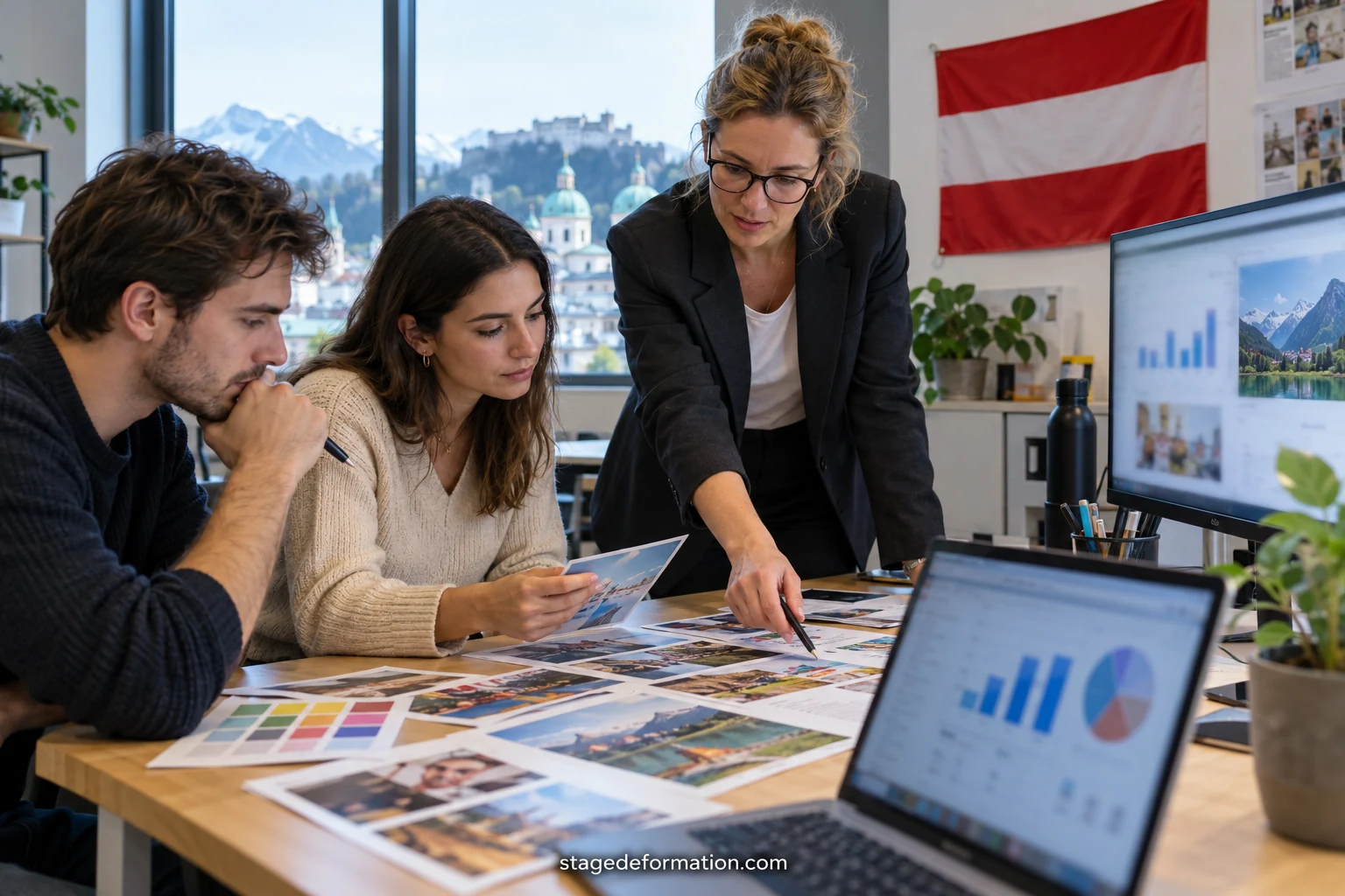 Équipe marketing réunie autour d’une table de travail avec ordinateurs et notes pour préparer une campagne