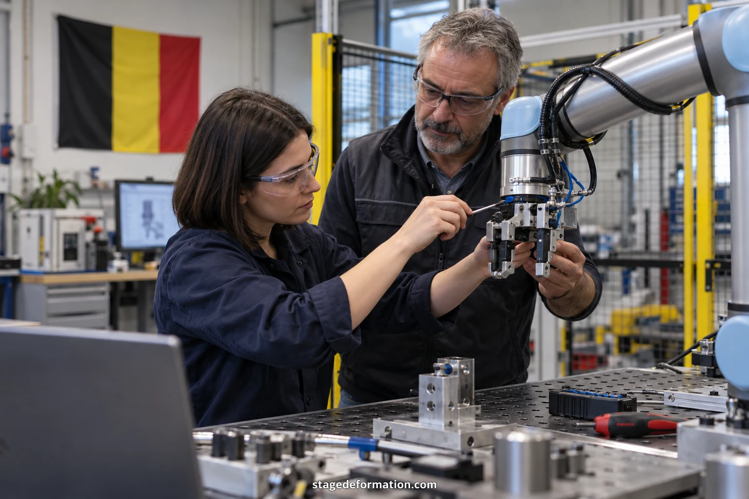 Student engineering stelt een testopstelling af in een technologisch onderzoekslaboratorium in België