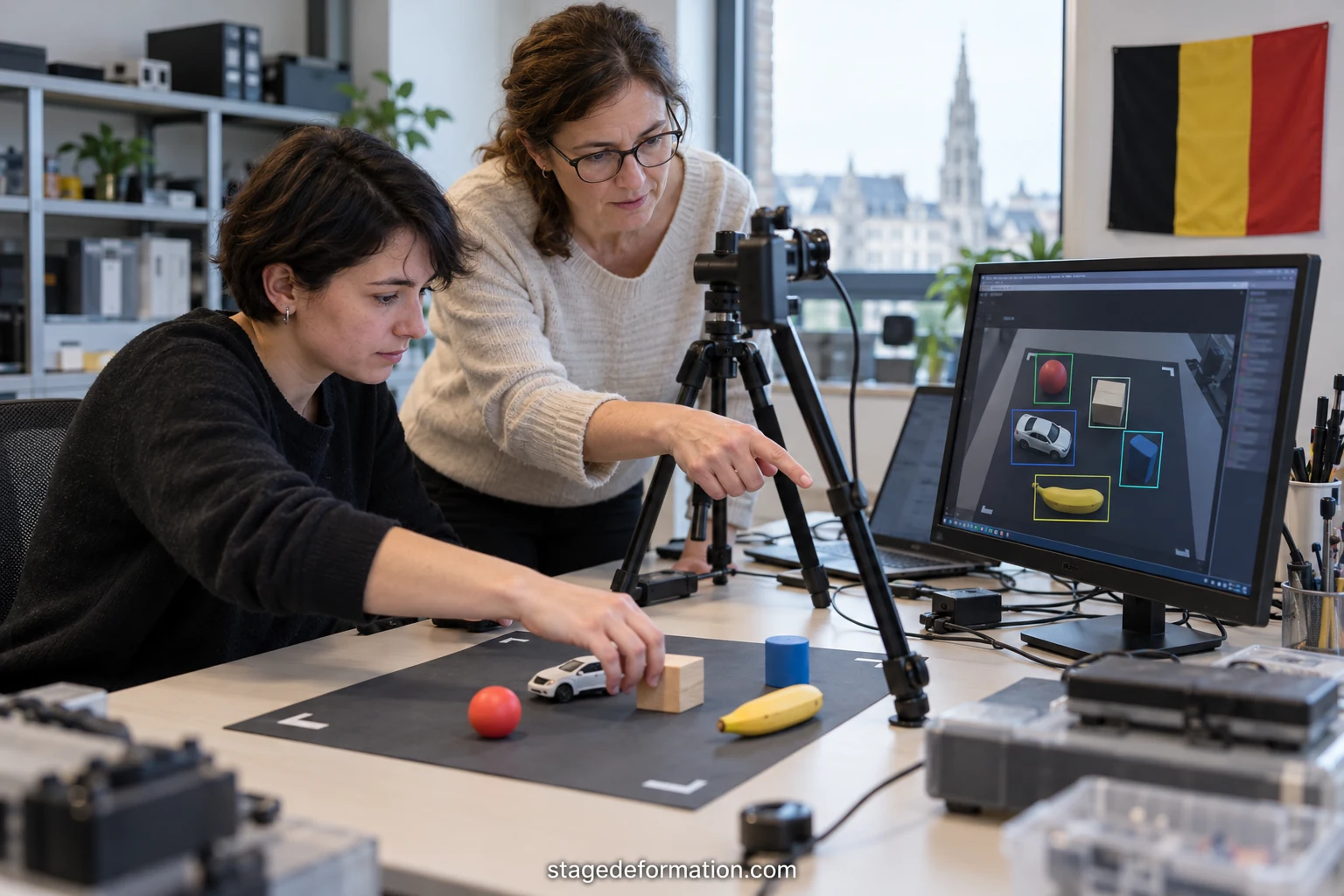 Étudiants devant un écran affichant du code et un graphique de réseau de neurones dans un laboratoire