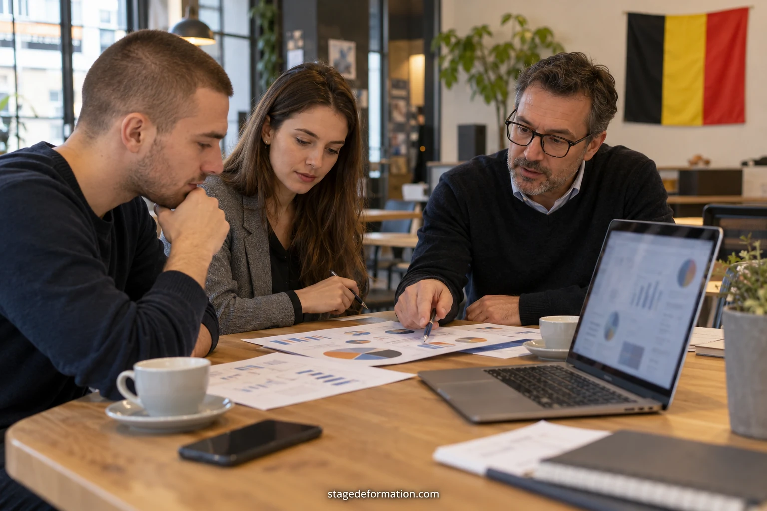 Team jonge professionals rond een tafel met laptops en notities om een marketingcampagne voor te bereiden