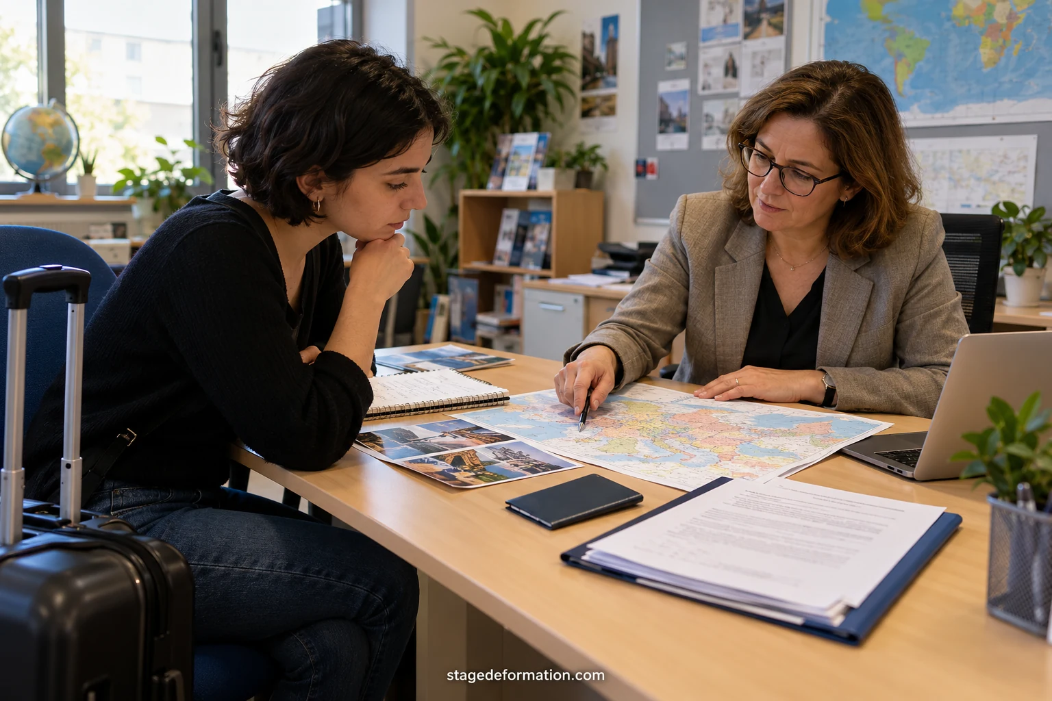 Étudiante avec une valise devant un panneau d’aéroport préparant un stage dans un pays européen
