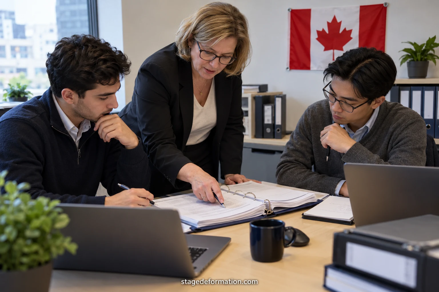 Étudiante analysant des graphiques financiers sur un écran dans une salle de marché d’une banque canadienne