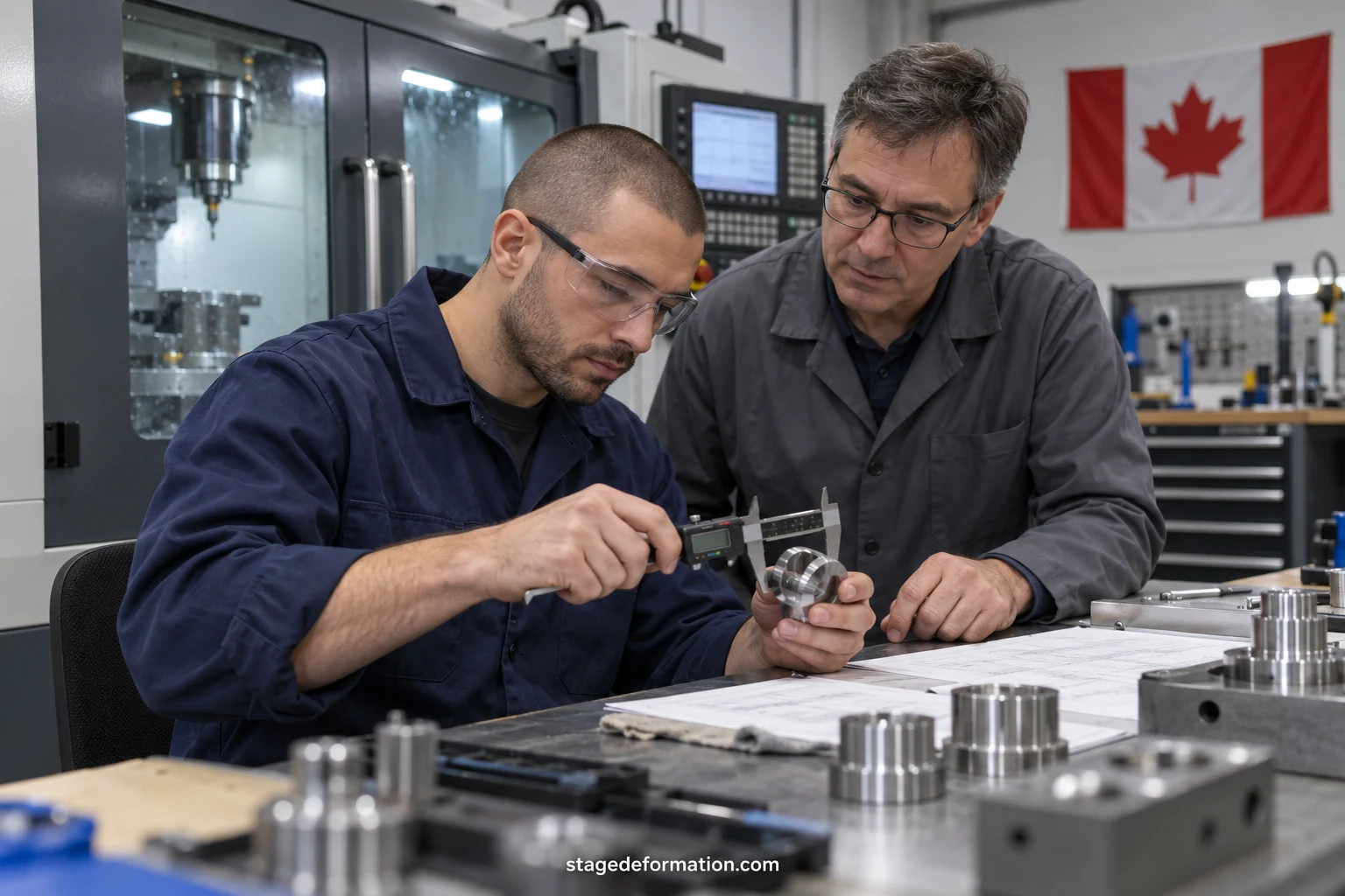 Young engineers in hard hats and safety glasses examining a mechanical prototype in a Canadian workshop