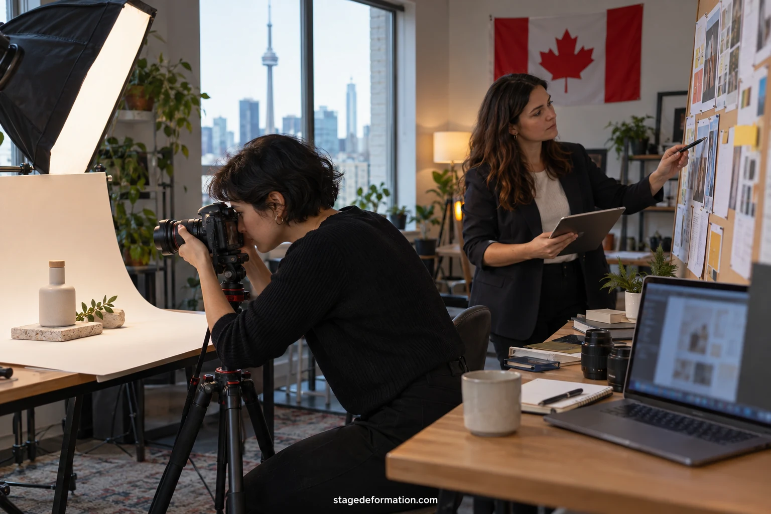 Marketing team gathered around a table with laptops and campaign plans in a Canadian office