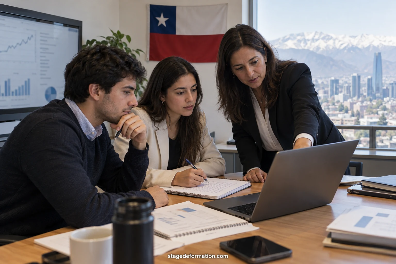 Practicante que analiza gráficos financieros en una pantalla dentro de una oficina de Santiago