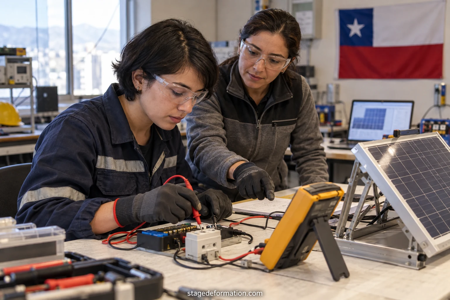 Estudiante de ingeniería revisando un dispositivo instrumentado en un laboratorio universitario chileno