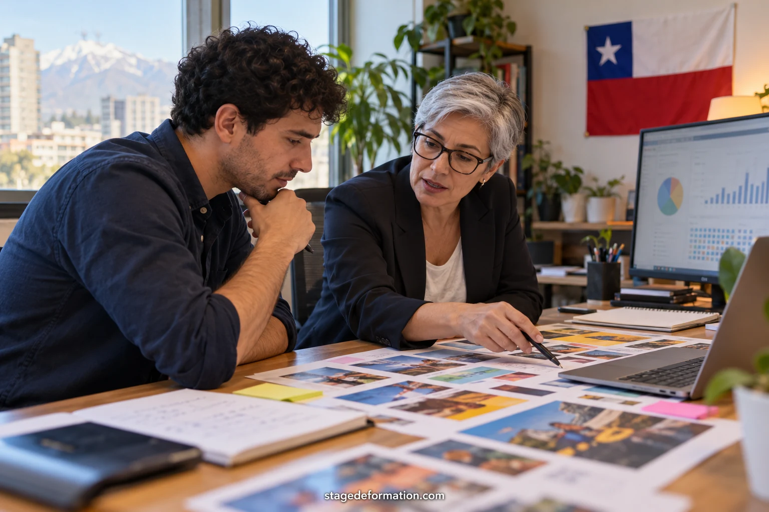 Étudiante en marketing présentant des résultats de campagne à une équipe dans un bureau de Santiago