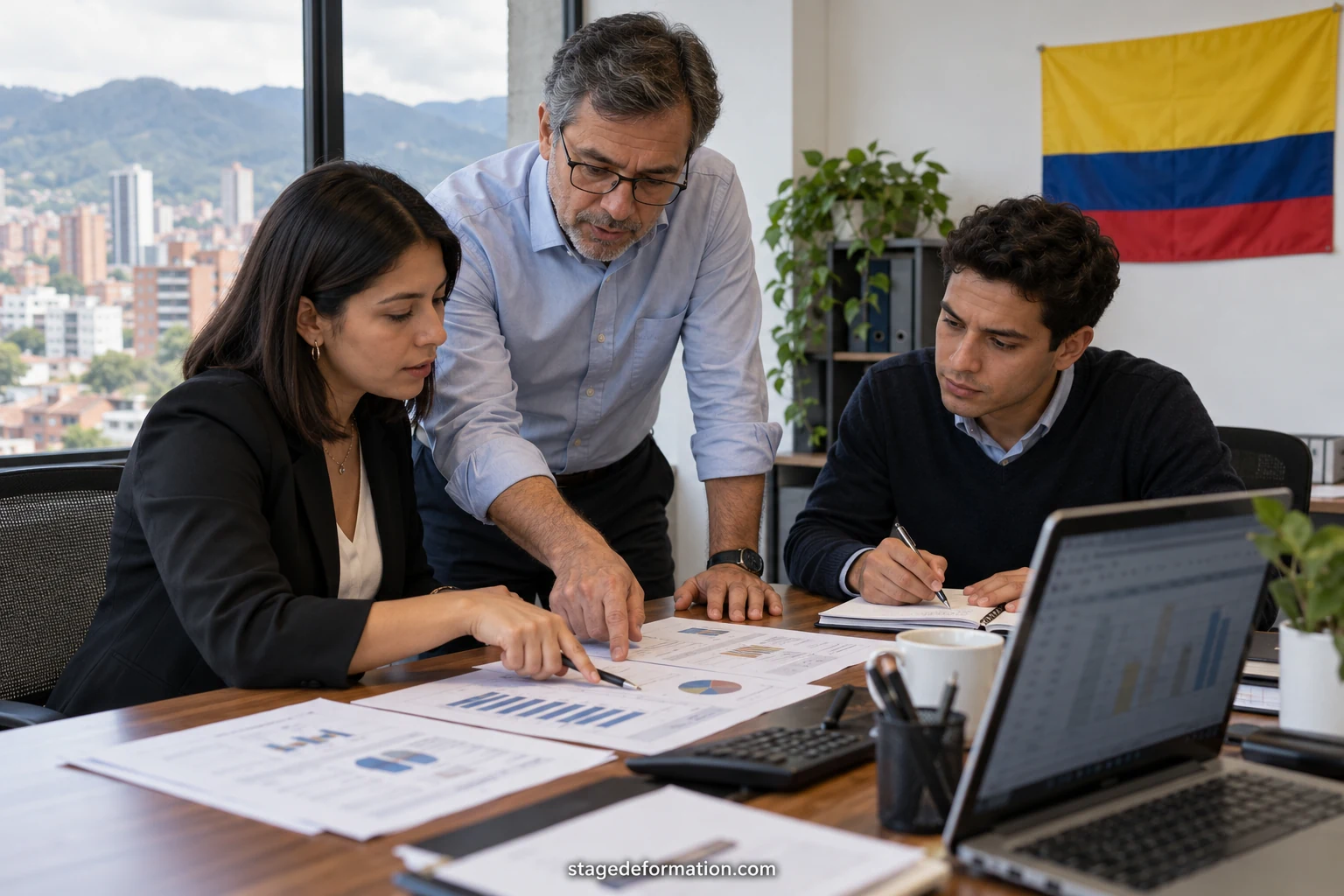 Étudiante colombienne en finance analysant des graphiques boursiers sur un écran dans un bureau lumineux