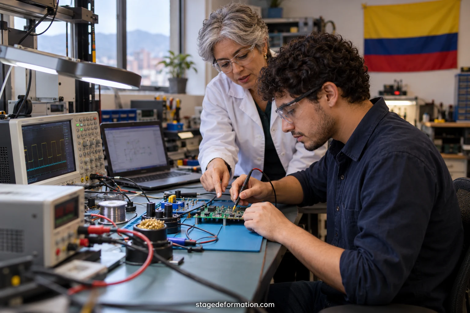 Étudiants en ingénierie examinant ensemble un montage électronique dans un laboratoire universitaire colombien