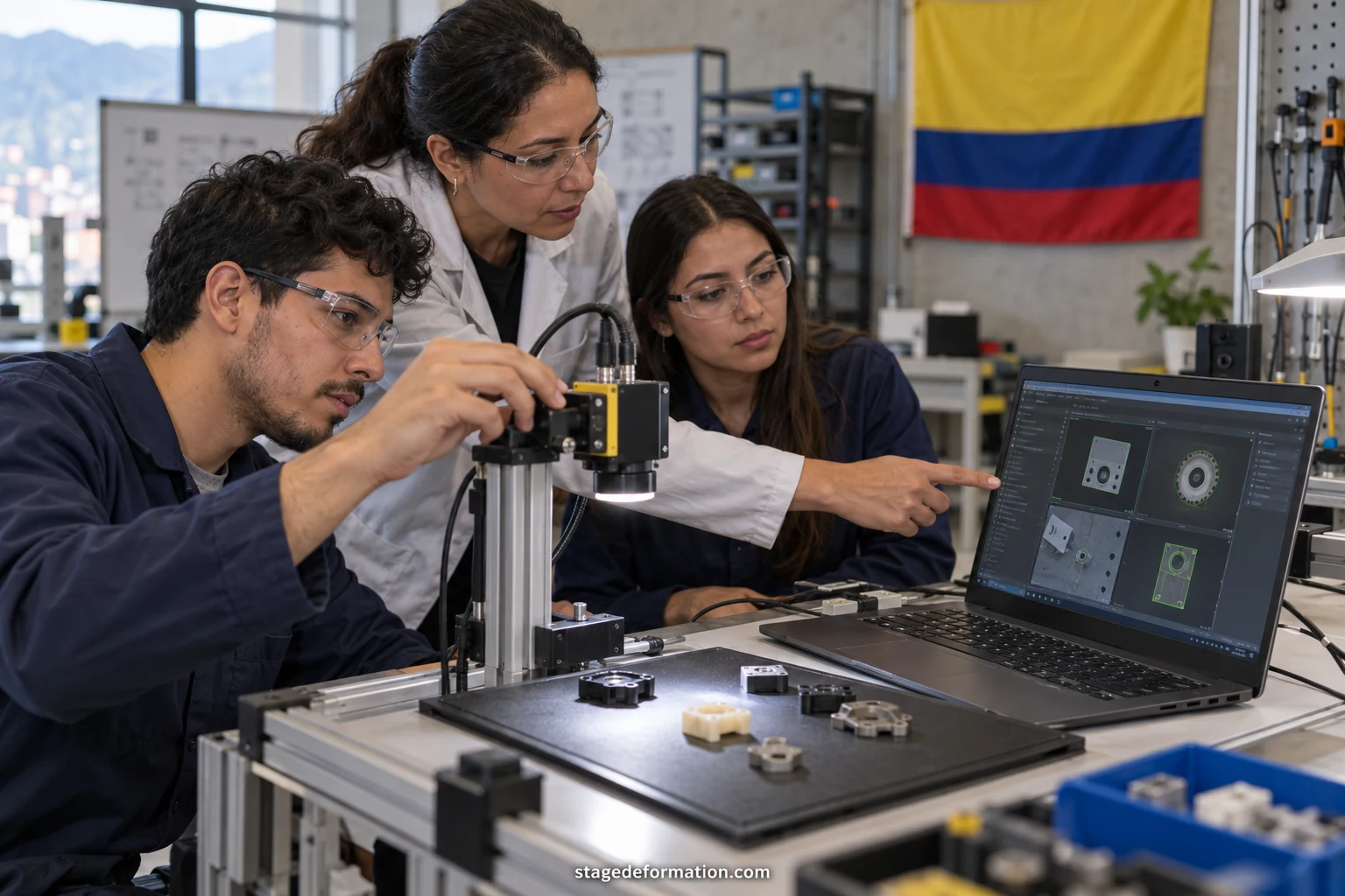 Étudiants colombiens discutant d’un modèle d’apprentissage automatique devant un écran dans un laboratoire informatique
