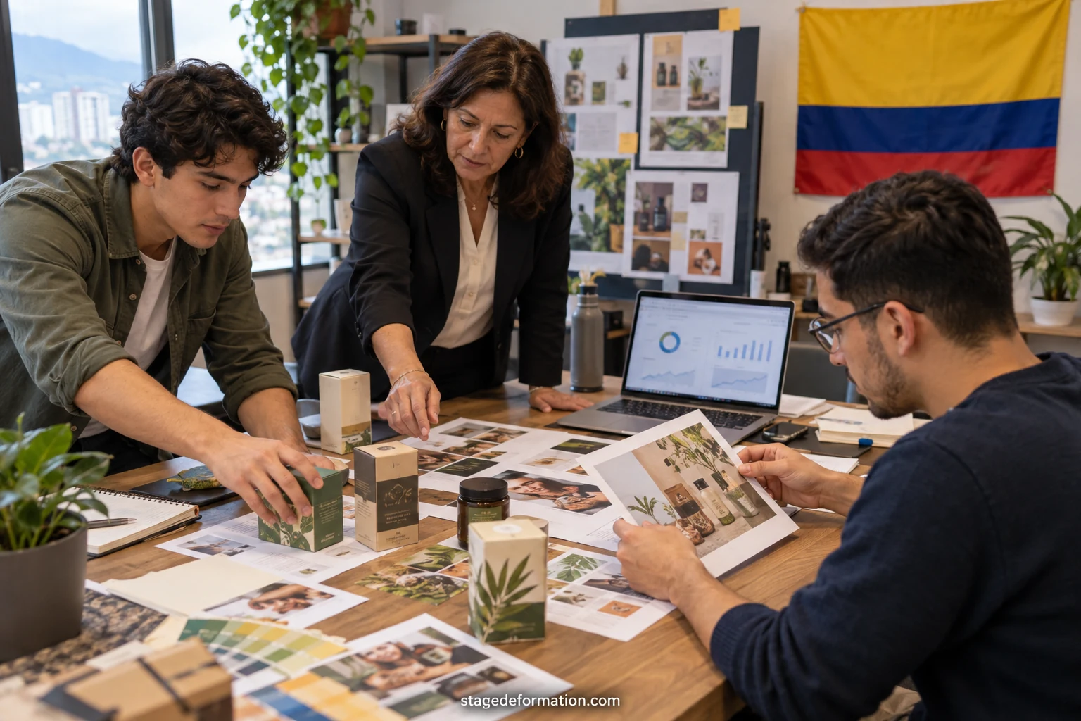 Equipo de marketing colombiano revisando maquetas de empaques y resultados de campaña sobre una mesa de trabajo