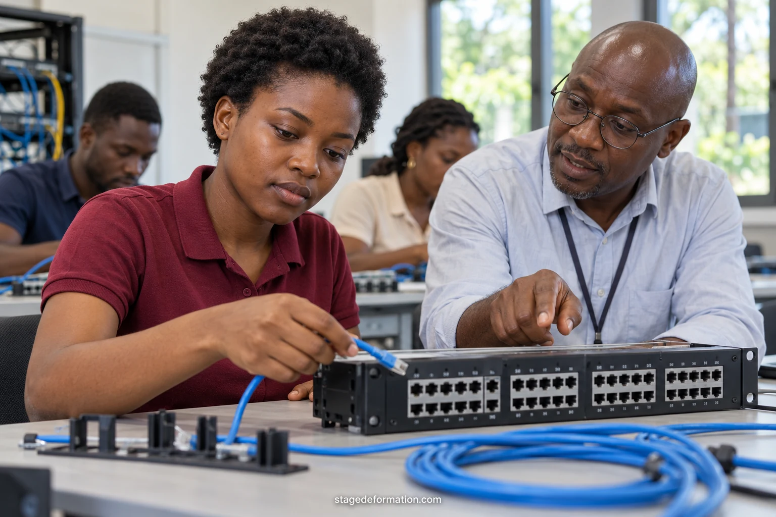 Student and supervisor looking at an internship file together in a company office in Central Africa
