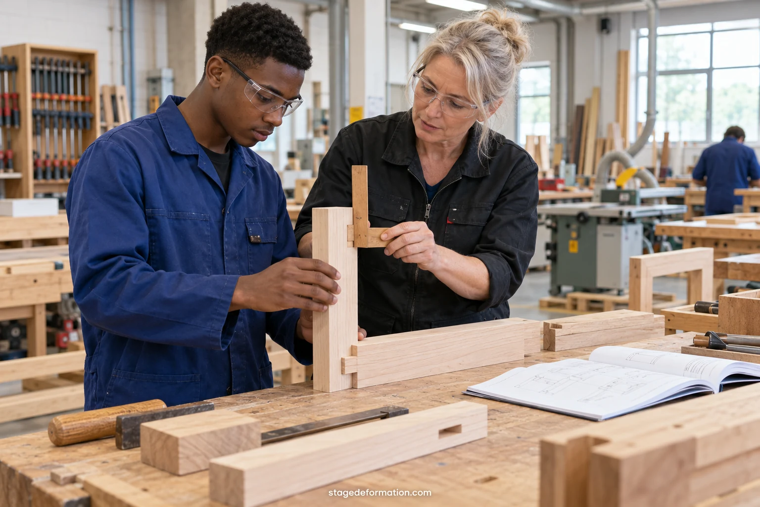 Auszubildender in Arbeitskleidung hört in einer Werkstatt auf die Ratschläge seines Ausbilders im Betrieb