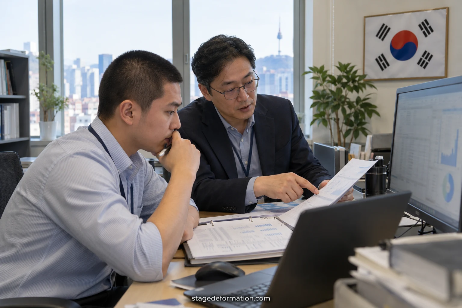 Jeunes analystes travaillant sur des graphiques financiers dans un quartier d’affaires de Séoul