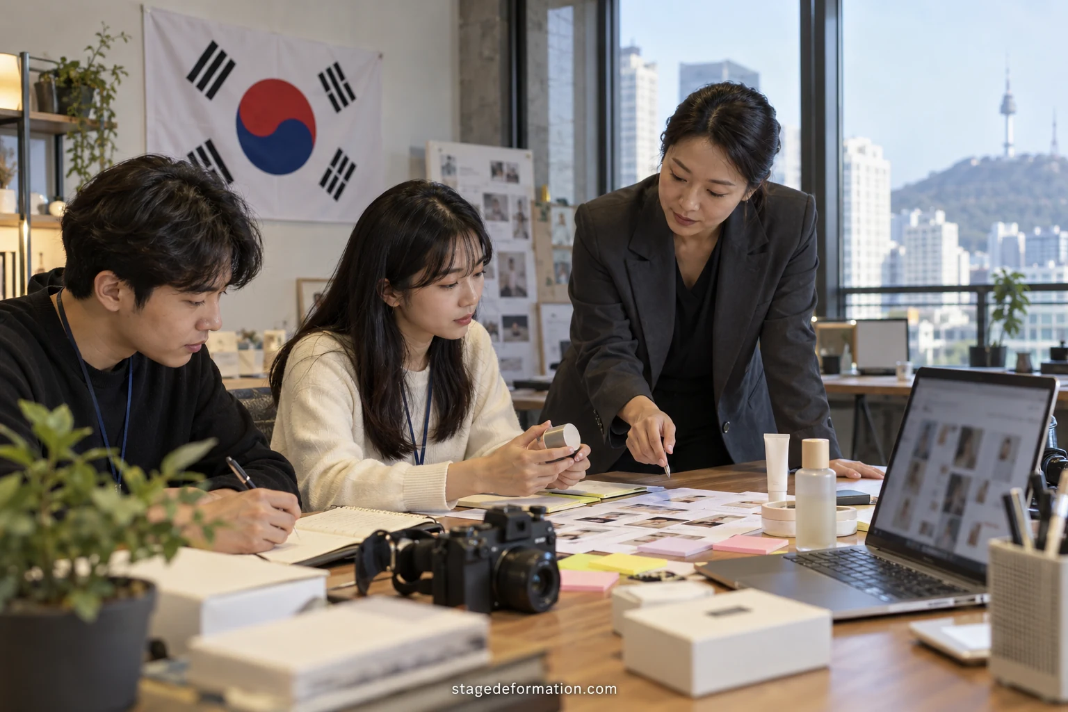 서울의 사무실에서 캠페인 보드와 소셜 미디어 화면을 둘러싸고 모인 마케팅 팀
