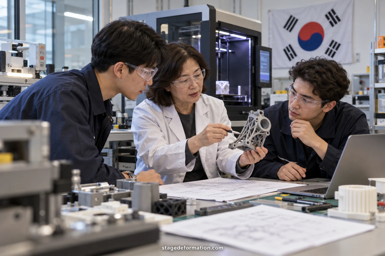 Étudiants en blouse et lunettes de protection autour d’un banc d’essai dans un laboratoire d’ingénierie