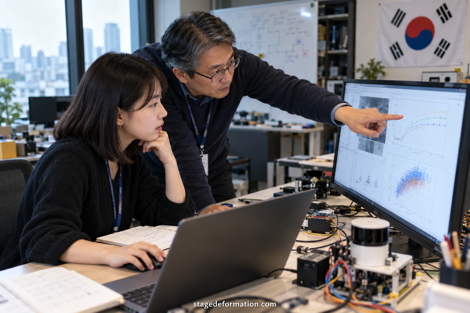 Étudiants penchés sur des écrans de code et de graphiques dans un laboratoire d’informatique universitaire coréen
