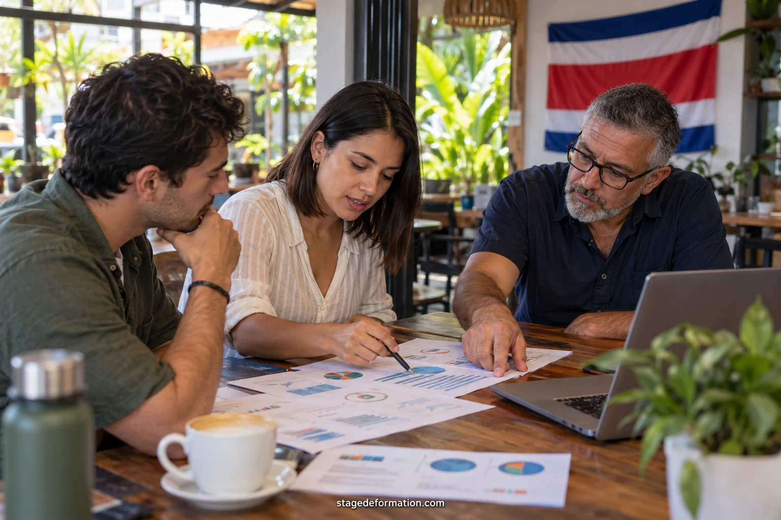 Estudiantes de marketing trabajando juntos en un plan de comunicación dentro de una oficina luminosa de Costa Rica