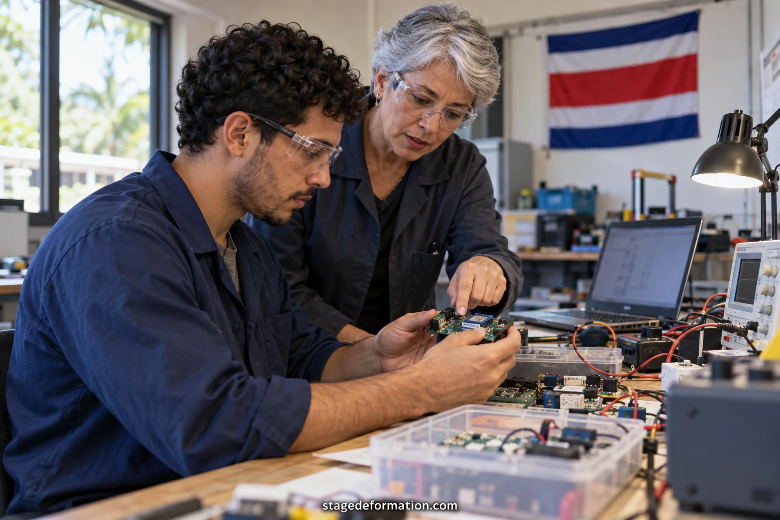 Jóvenes practicantes conversando con un tutor en una oficina luminosa de una empresa centroamericana