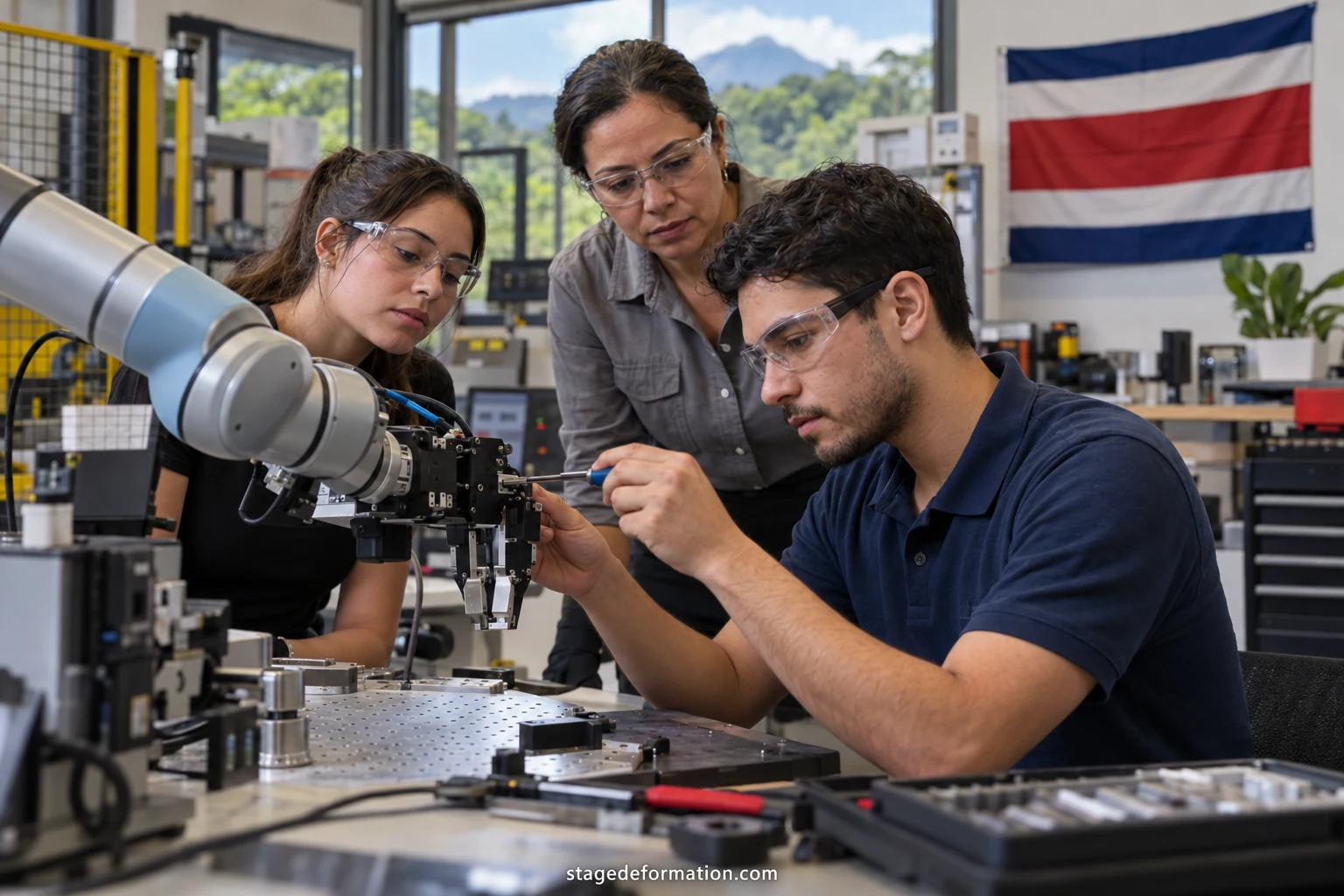 Étudiants en ingénierie manipulant un équipement d’essai dans un laboratoire de recherche costaricien