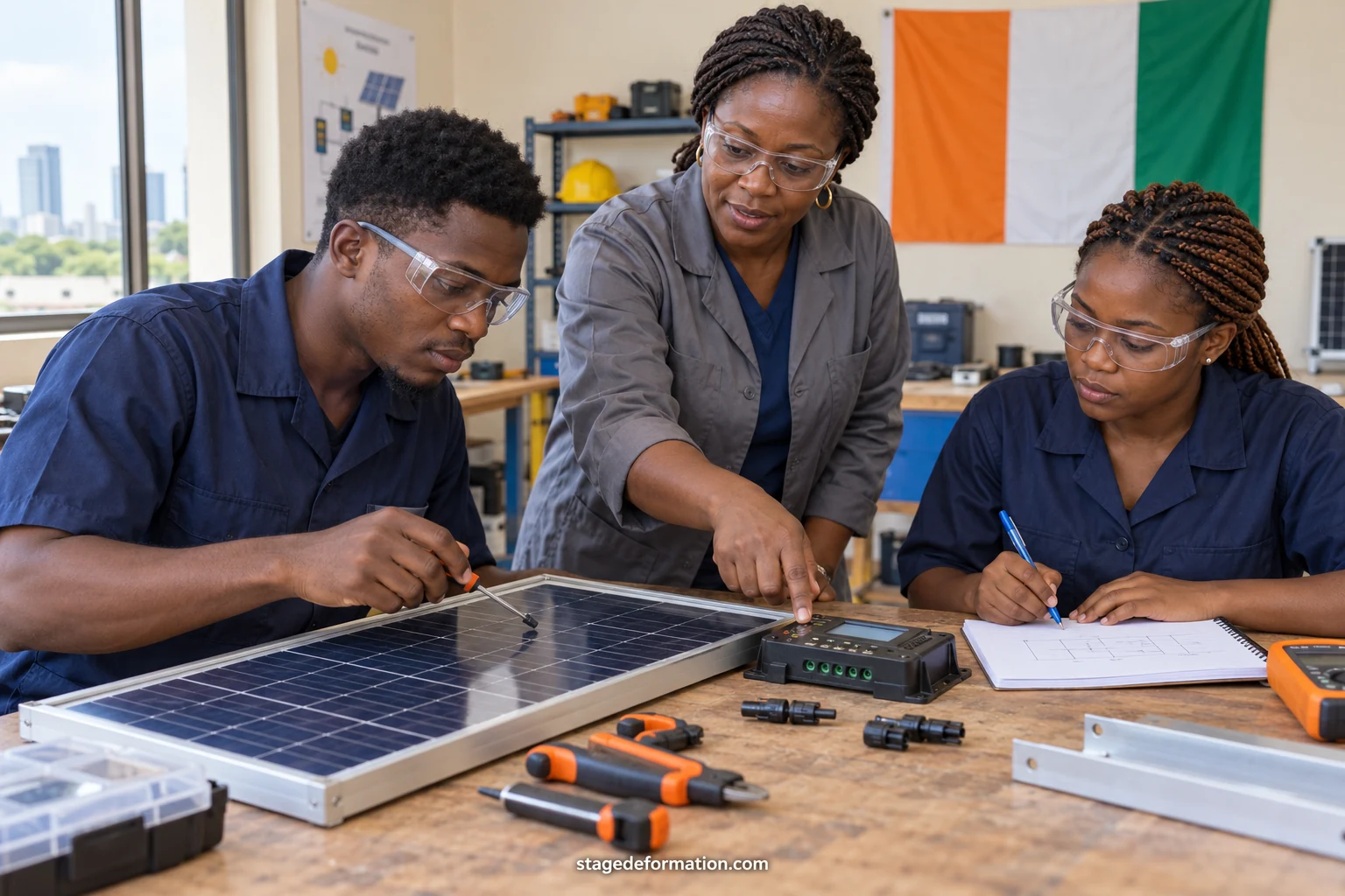 Young interns talking with a manager in an Ivorian company office during a workplace immersion