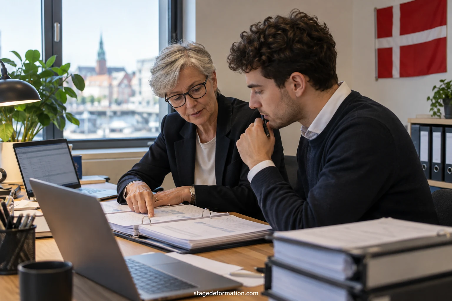 Étudiants en tenue professionnelle discutant autour d'un ordinateur dans un bureau lumineux d'une banque à Copenhague