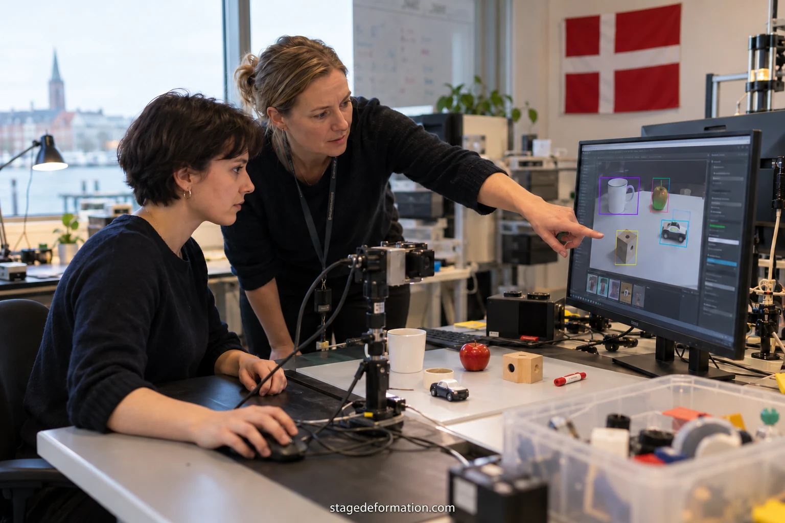 Étudiants penchés sur un écran affichant des graphiques de résultats d'un modèle dans un laboratoire d'informatique danois