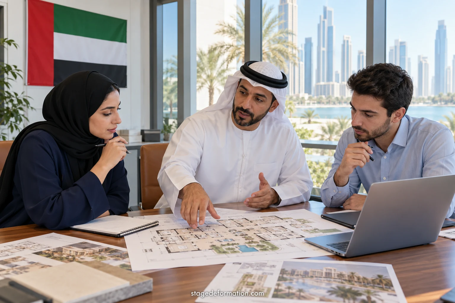 طلاب بملابس رسمية أمام أبراج زجاجية في حي أعمال إماراتي وقت الغروب