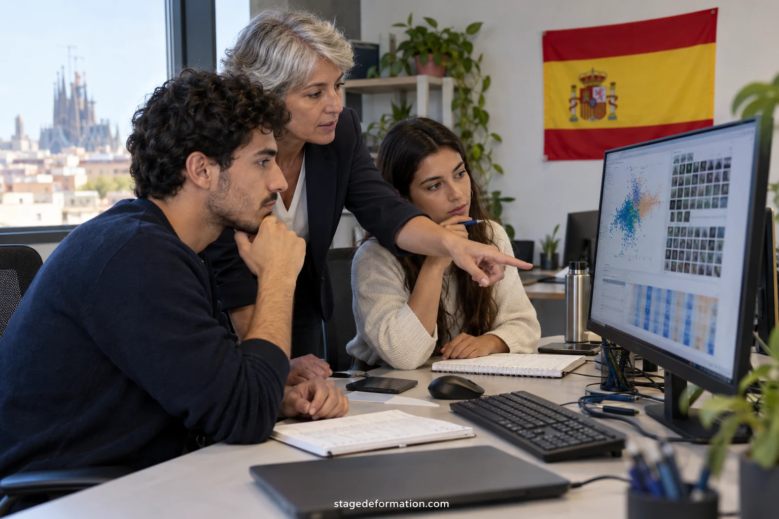 Estudiante e investigador frente a una pantalla con un modelo de aprendizaje automático en un laboratorio universitario español