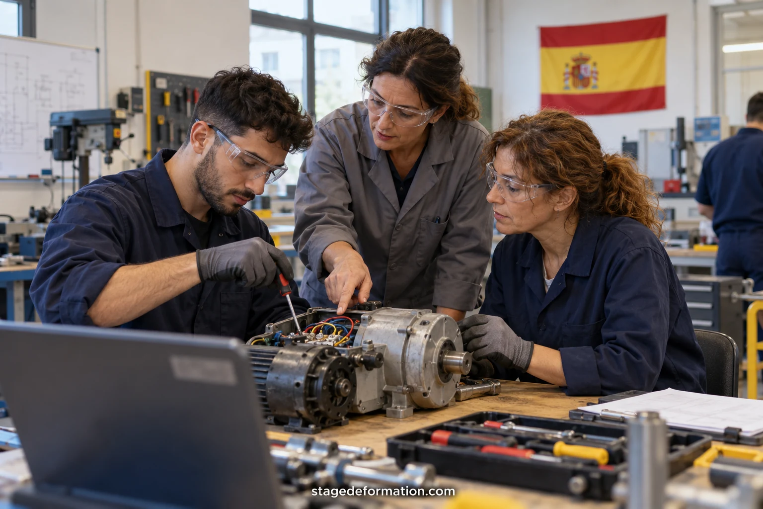 Joven practicante conversando con su tutora frente a un ordenador en una oficina luminosa en España