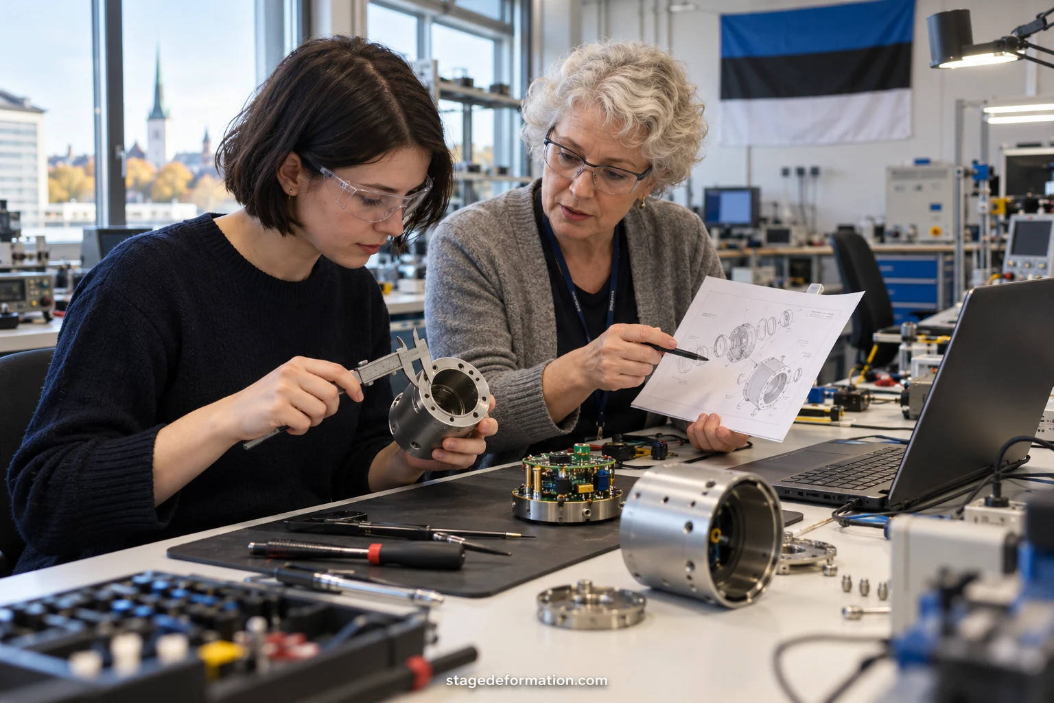 Étudiant en ingénierie réglant un prototype électronique sur un banc d’essai dans un laboratoire universitaire