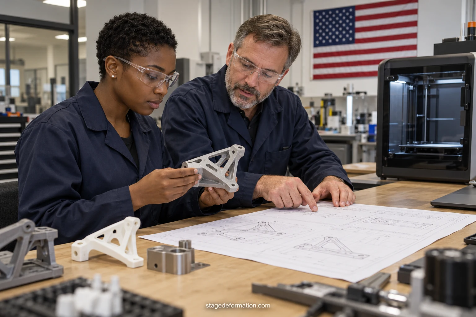 Engineering students working on a prototype in an American laboratory equipped with measuring instruments