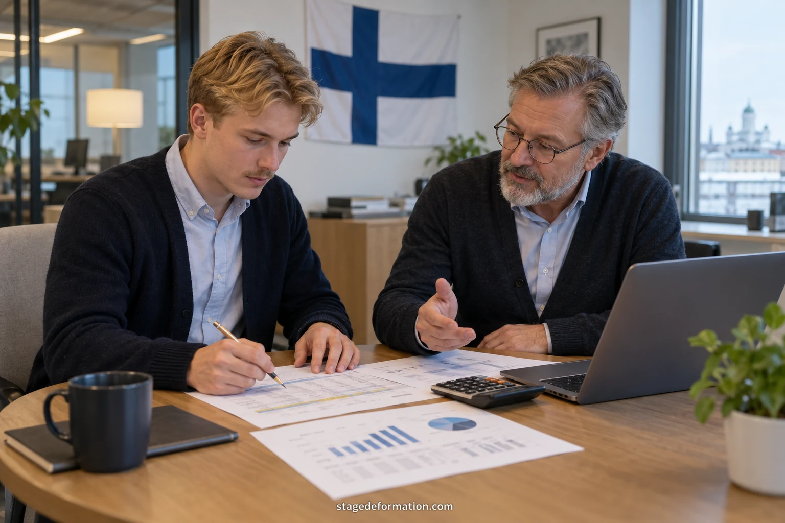 Analyste financière présentant un graphique budgétaire à des collègues dans un bureau lumineux à Helsinki