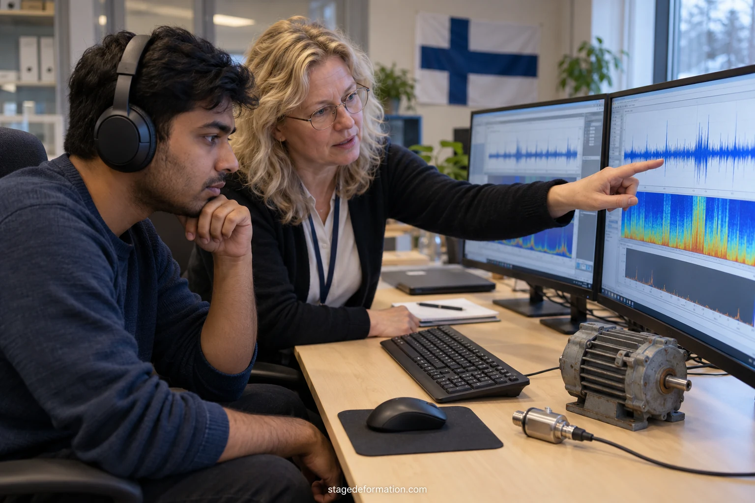 Étudiant devant un écran affichant des courbes d’apprentissage d’un modèle dans un laboratoire universitaire finlandais