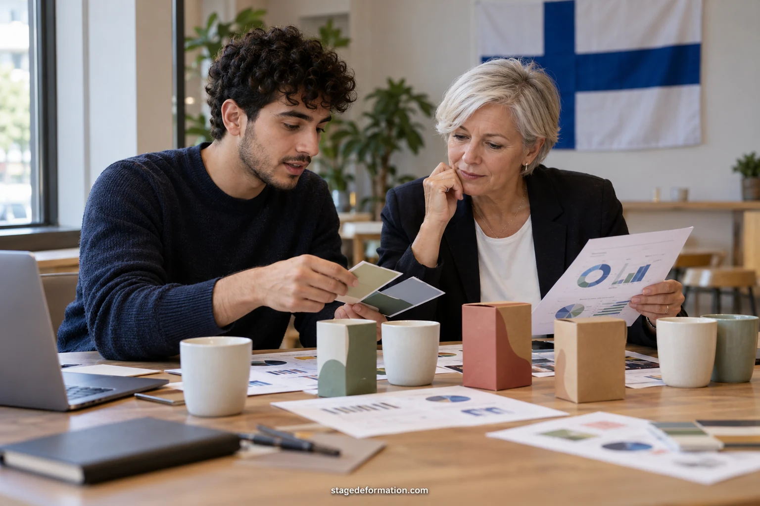 Kaksi harjoittelijaa vertailee kampanjan tuloksia tietokoneen näytöltä valoisassa markkinointitoimistossa