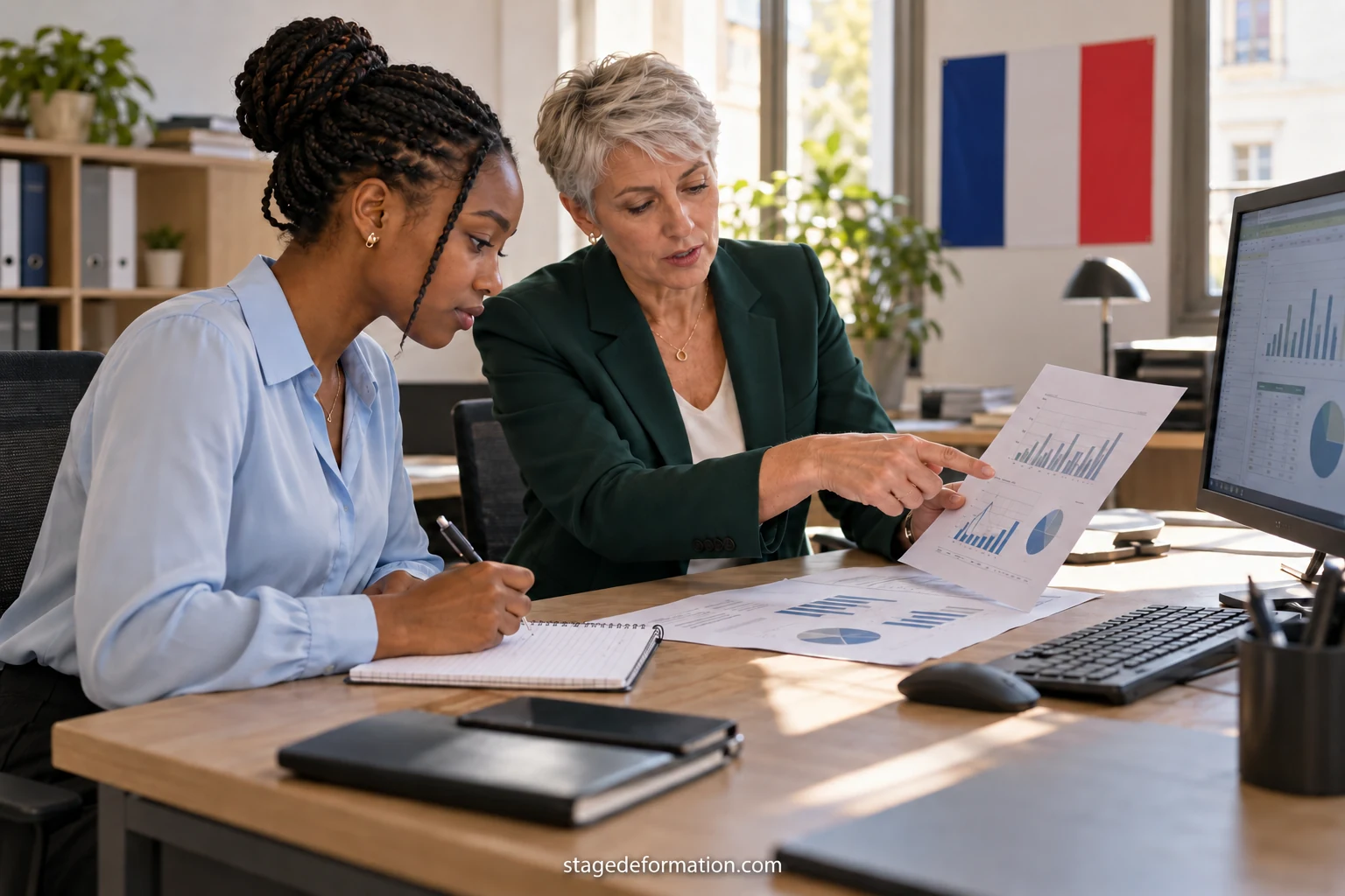 Étudiante analysant des graphiques financiers sur un écran dans un bureau lumineux de banque à Paris